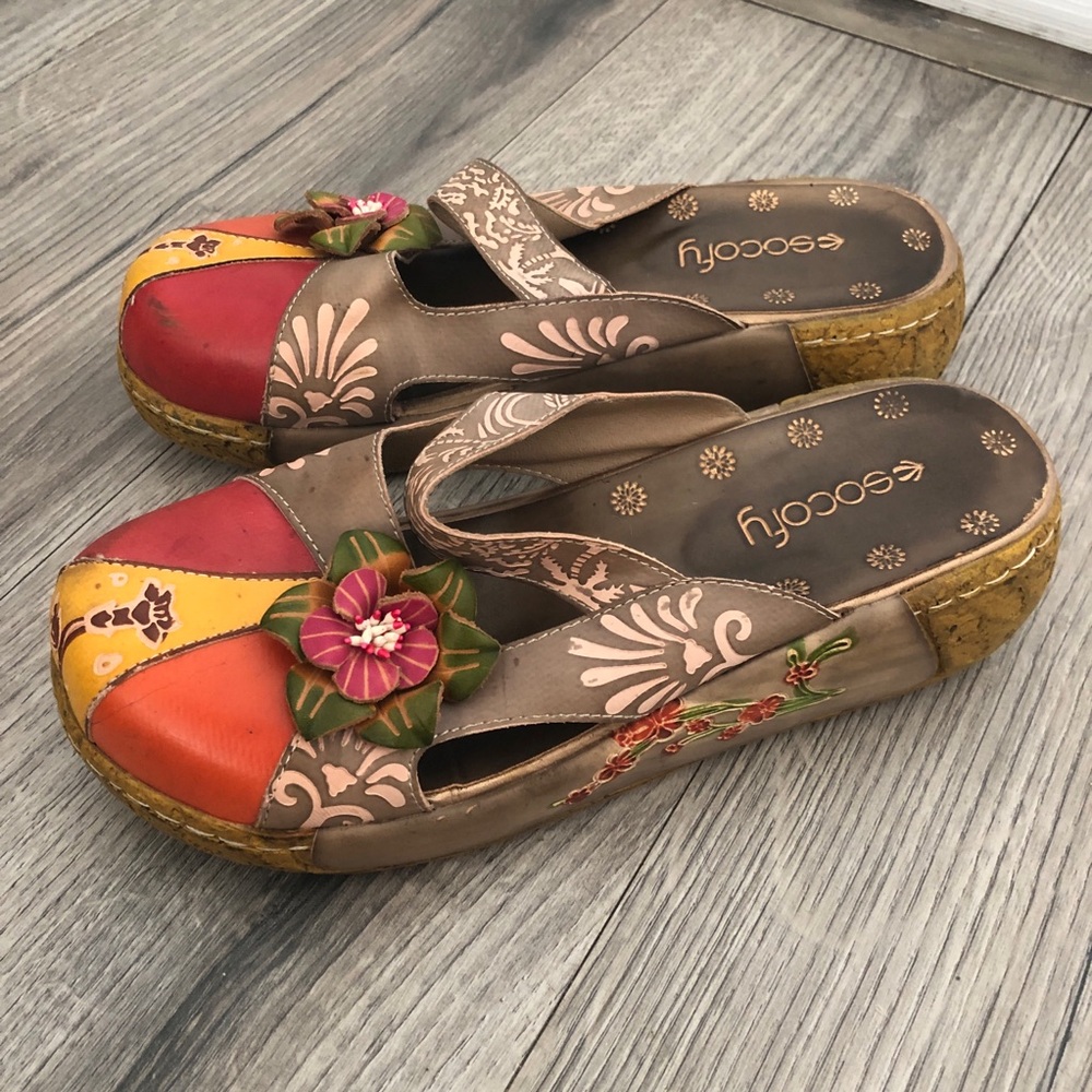 Socofy Leather Boho Floral Clogs Mules Sandal Slippers Platform Heel Size 39